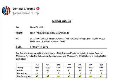Una encuesta interna del equipo de campaña de Trump, lo muestra como ganador en los siete estados bisagra