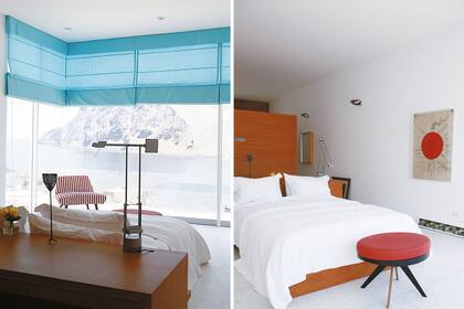 Una estructura de madera de cachimbo (la misma que se usó en la escalera) funciona como cabecera de cama, escritorio y vestidor, a la vez que oculta el baño.