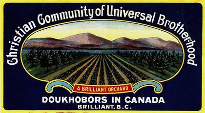 Una etiqueta de fruta de los agricultores dujobor del oeste de Canadá en Brilliant, Columbia Británica alrededor de 1930