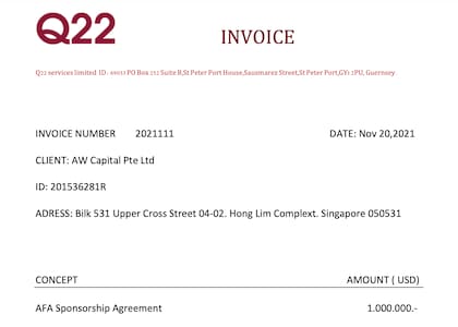 Una factura de Q22 con la AFA por 1 millón de dólares.