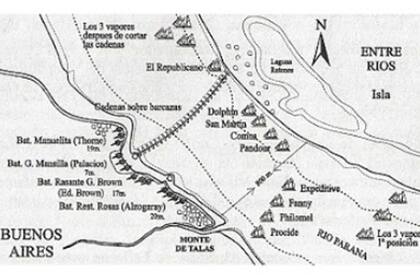 Una flota anglofrancesa compuesta por 22 barcos de guerra y 100 barcos mercantes" ingresó al Paraná y fue interceptada por las tropas confederadas a la altura de la Vuelta de Obligado, a 18 kilómetros de San Pedro