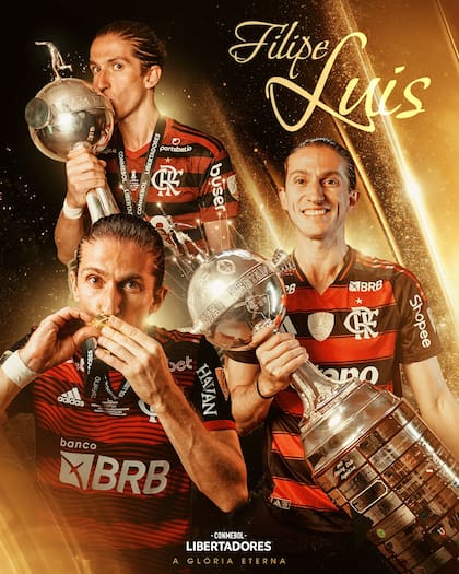 Una fotoimagen de Felipe Luis con las tres Copas Libertadores ganadas con Flamengo, la última (en 2025), como DT