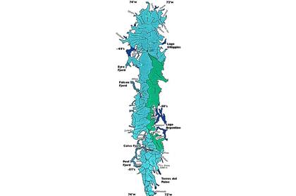 La imagen muestra las principales cuencas del campo, la segunda área congelada más grande del hemisferio sur después de la Antártica.
