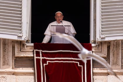 Una gaviota vuela ante el papa Francisco durante su comparecencia desde la ventana de su estudio sobre la plaza de San Pedro en el Vaticano, el domingo 9 de junio de 2024