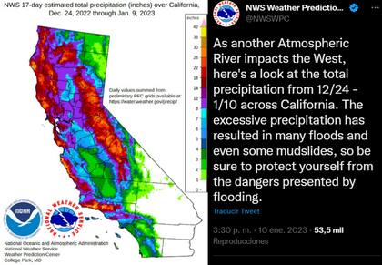 Una gráfica muestra la lluvia acumulada en California desde el 24 de diciembre hasta esta semana