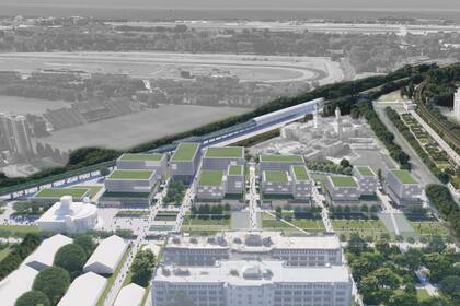 Una ilustración de cómo quedaría representado el proyecto ganador; el Pabellón del Centenario se observa en el vértice inferior izquierdo