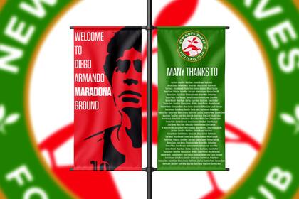 Una ilustración del cartel de bienvenida al Diego Armando Maradona Ground en Zambia
