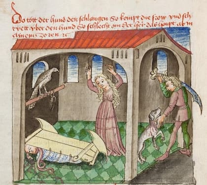 Una ilustración del martirio de Guinefort incluida en la Gesta Romanorum