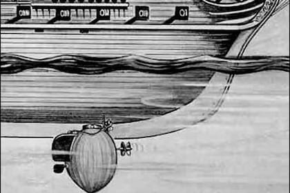 Una ilustración que muestra cómo trabaja el submarino Turtle en la perforación de los cascos de los barcos del adversario