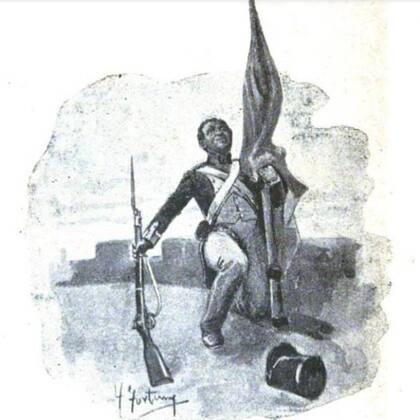 Una ilustración que replica los últimos momentos de Antonio Ruiz, el Negro Falucho, en el fuerte de Callao, realizada por el artista plástico Francisco Fortuny