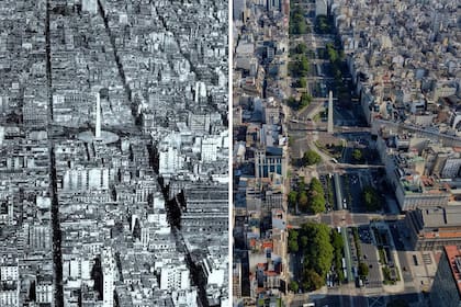 Una imagen aérea de poco antes de la construcción de la Avenida 9 de Julio (izquierda) y una vista actual de la emblemática arteria porteña, que tardó unos 40 años en alcanzar la extensión con la que cuenta hoy
