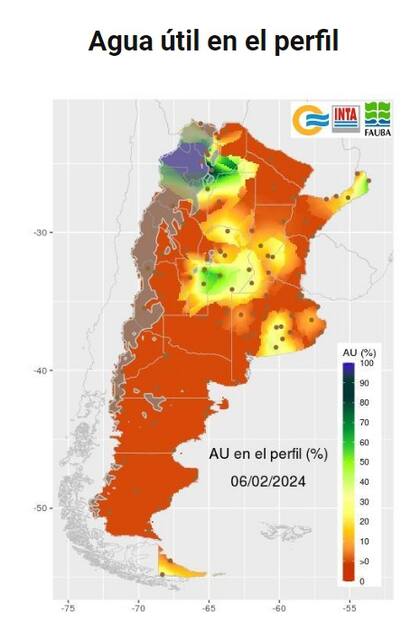 Una imagen del nivel de agua disponible para los cultivos, con valores son menores al 40%: umbral límite