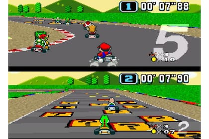 Una imagen del primer Mario kart, la versión de 1992 de Super Nintendo, que conseguía dar una gran sensación de velocidad gracias al Modo 7, una técnica gráfica de aquella consola