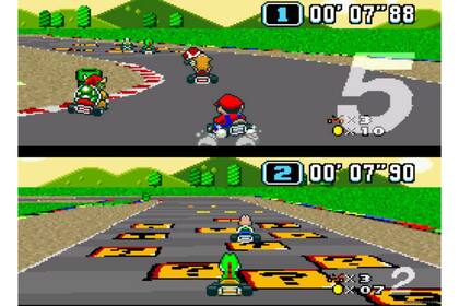 Una imagen del primer Mario kart, la versión de 1992 de Super Nintendo, que conseguía dar una gran sensación de velocidad gracias al Modo 7, una técnica gráfica de aquella consola