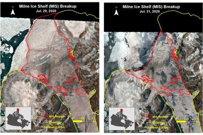 Una imagen satelital previa y posterior al rompimiento inicial de la plataforma de hielo Milne