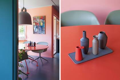 Una inmensa lámpara colgante tipo campana (Normann Copenhagen) alumbra la mesa (Potocco) con bandeja y grupo de vasijas de la firma danesa Muuto.