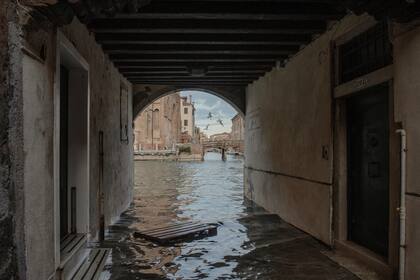Una inundación acecha las entradas de dos casas en el centro de Venecia, Italia.