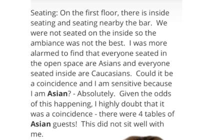 Una joven con ascendencia asiática acusó a un exclusivo restaurante de Nueva York de segregación racial