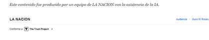 Una leyenda al pie de la nota de LA NACION transparenta la asistencia de IA