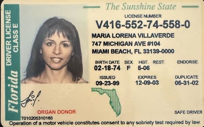Una licencia de conducir de Lorena Villaverde de cuando vivía en la Florida