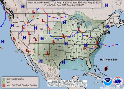 Una línea frontal estacionaria favorecerá lluvias intensas de corta duración en los Apalaches del sur, con un "riesgo leve de precipitaciones excesivas" que podría causar inundaciones repentinas y desbordes de arroyos debido al terreno montañoso