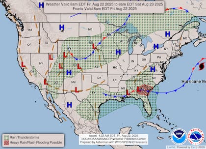 Una línea frontal generará un corredor de tormentas y lluvias abundantes, concentrándose las precipitaciones más fuertes en el sur de Georgia y sur de Carolina del Sur