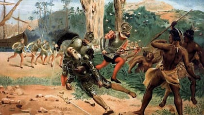 Una litografía del siglo XIX retrata la muerte de Magallanes en la batalla de Mactán.