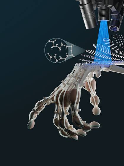 Una mano robot con tendones y ligamentos de plástico, impresa con una nueva técnica que permite mezclar materiales de diferente dureza y elasticidad, y promete revolucionar la creación de robots y de prótesis