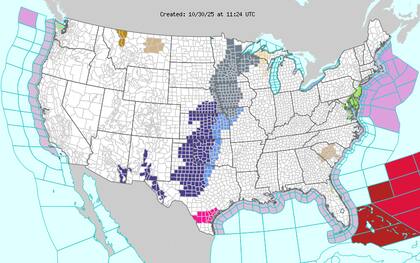 Una masa de aire polar dominará el centro y este de EE.UU., lo que hará que las temperaturas diurnas en Texas, Alabama, Georgia y las Carolinas se ubiquen entre los 50°F (10°C) y 60°F (15°C)