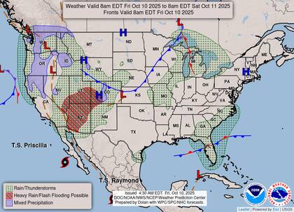 Una masa de aire tropical procedente del ciclón Priscilla provocará precipitaciones abundantes y tormentas eléctricas con riesgo de inundaciones repentinas en Nevada, Utah, Arizona y el sur de California