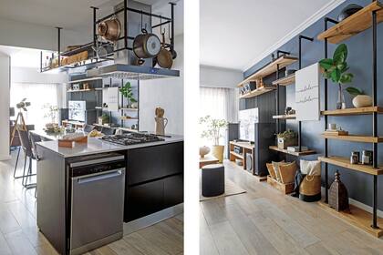 Una misma estructura de hierro rodea la campana (TST) y hace de barra elevada. Su misión principal fue ocultar la viga existente. Bandeja metálica de techo (Iluminando) y lámpara trípode (Artyluz). Cortinas (Estilo B) montadas en un riel oculto.