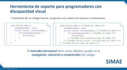 Una muestra del software, con el código original a la izquierda y el intervenido a la derecha, con comentarios para ayudar a personas no videntes a ubicarse mejor en el código