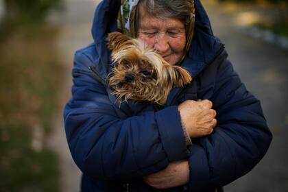 Una mujer calienta a su perro en Kivsharivka, Ucrania