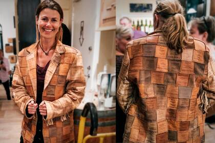 Una mujer danesa juntó 400 etiquetas de vino Privado y mandó a confeccionar un blazer íntegramente realizado en patchwork con el insólito material.