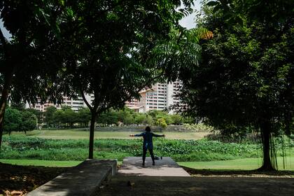 Una mujer hace ejercicio a la sombra en el parque Bishan-Ang Mo Kio en Singapur, que se comprometió a plantar 1 millón de árboles para 2030