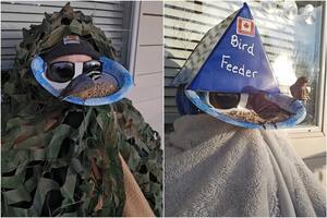 Una mujer inventó un comedero para aves que sostiene con su cabeza. El fin es poder ver a las aves de cerca