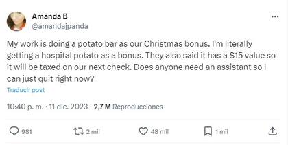 Una mujer se hizo viral al contar que como bono de Navidad en su trabajo recibió una papa al horno