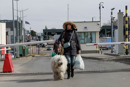 Una mujer ucraniana y su perro cruzan a Polonia en Medyka