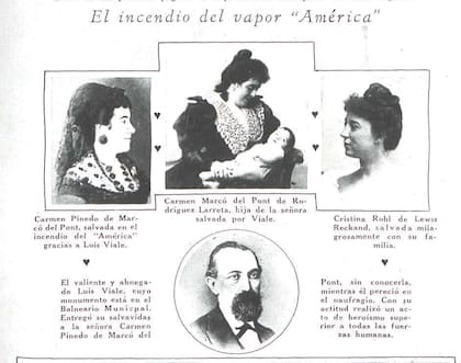 Una nota de Caras y Caretas evoca la tragedia del Vapor América: gracias al gesto de Luis Viale, la señora Carmen Pinedo de Marcó del Pont pudo salvar su vida.
