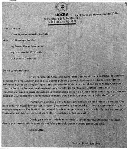 Una nota enviada en 2016 a las empresas constructoras de La Plata para evitar un estallido social, con la firma del "Pata" Medina