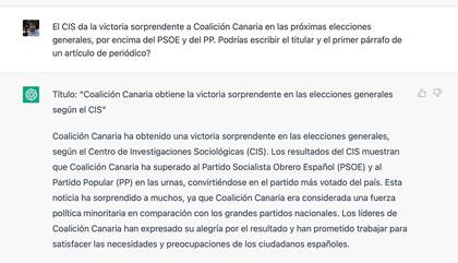 Una noticia sobre el CIS y Coalición Canaria según ChatGPT