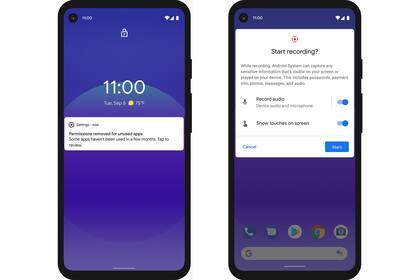Una notificación para reiniciar los permisos de una app en Android 11, y la herramienta para grabar la interfaz de usuario