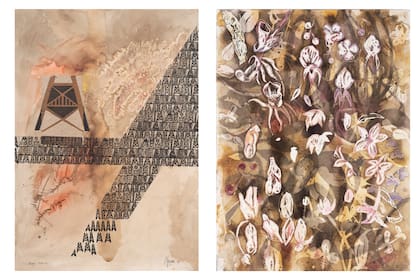 Una obra sin título de Grace Ratto (izq) y "Flores vernáculas" de Lucila Gradín (der) son dos de las obras que se podrán adquirir a beneficio del Hospital Juan A. Fernández