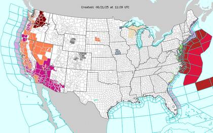 Una ola de calor extremo afectará principalmente a California, Nevada y Oregón, con temperaturas entre 110-115°F (43-46°C) en valles interiores de California y desierto de Arizona, y entre 99-104°F (37-40°C) en el interior de Nevada y sur de Oregón