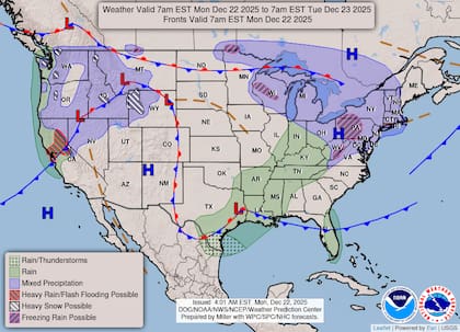 Una onda de baja presión se desplazará desde las Rocosas hacia los Grandes Lagos, lo que dejará a su paso una mezcla de nieve, hielo y lluvias intensas