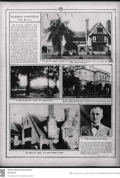 Una página de 1925 de la revista Fray Mocho. Arriba, la residencia normanda de Juana González de Devoto, y debajo el palacio de Antonio Devoto que fue demolido en 1943.