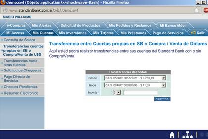 Una página de demostración del servicio de home banking del Standard Bank
