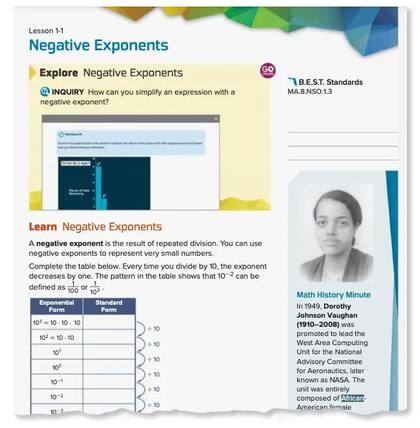 Una página de un libro de texto de preálgebra de octavo grado incluye una breve biografía de Dorothy Johnson Vaughan, una matemática afroamericana que dirigió una unidad informática para la agencia ahora conocida como NASA.