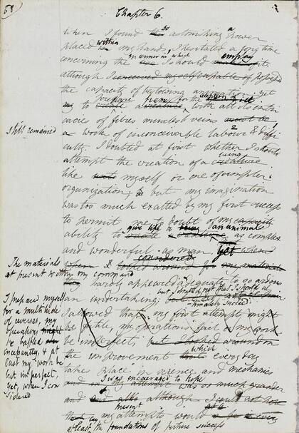 Una página del manuscrito de Mary Shelley de Frankenstein, exhibido en Ginebra