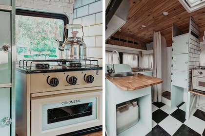 Horno pequeño, estantes y mesada para la comodidad de una cocina pequeña